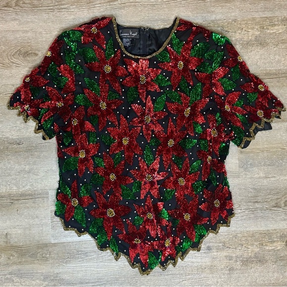 Laurence Kazar Tops - Laurence Kazar Poinsettia Sequin Floral Formal Christmas Blouse